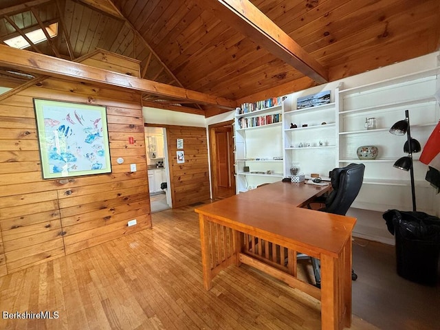 8 Brook Ln, Becket, MA 01223 - office space featuring wooden ceiling, wood walls, and light wood-type flooring