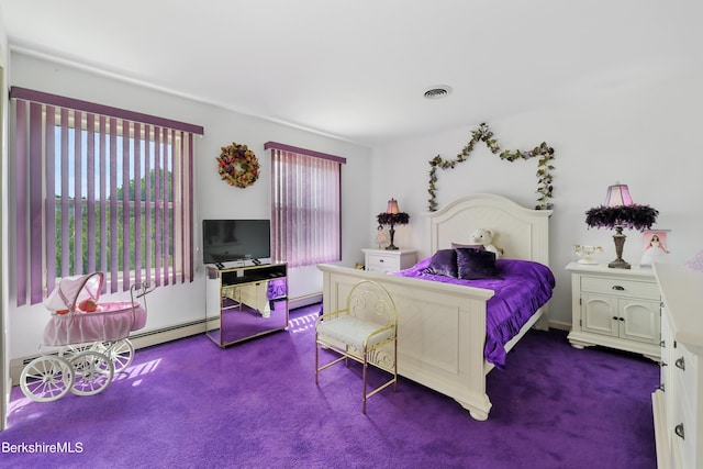 bedroom featuring a baseboard radiator, baseboard heating, dark carpet, and visible vents