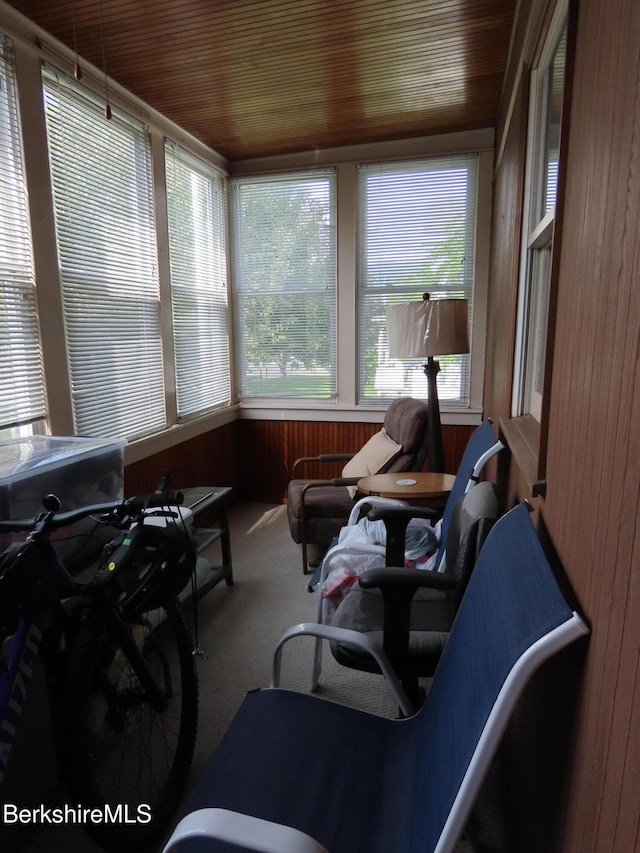 16-18 Hoosac St, Adams, MA 01220 - sunroom featuring wooden walls, wood ceiling, and carpet floors