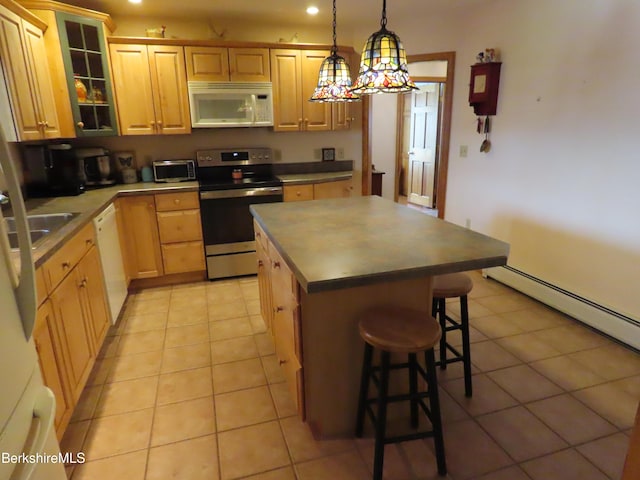 16-18 Hoosac St, Adams, MA 01220 - kitchen with white appliances, a kitchen breakfast bar, a center island, pendant lighting, and glass insert cabinets