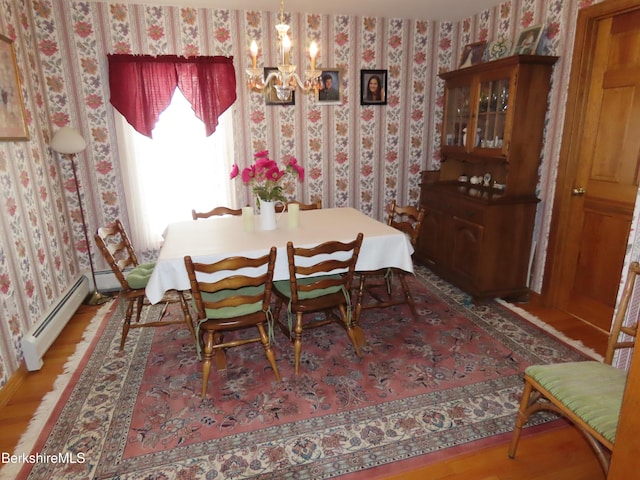 16-18 Hoosac St, Adams, MA 01220 - dining area featuring wallpapered walls, wood finished floors, and a baseboard heating unit