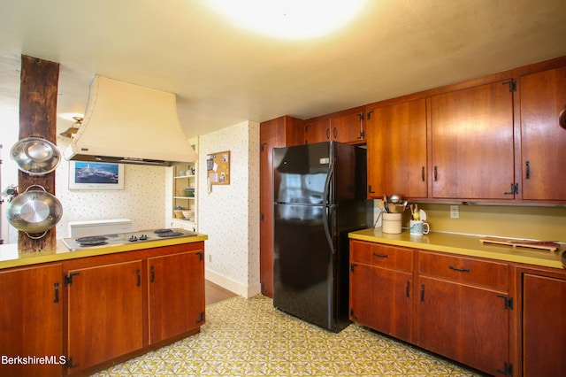 31 Oxbow Rd, Charlemont, MA 01339 - kitchen featuring freestanding refrigerator, custom exhaust hood, light countertops, electric stovetop, and light floors