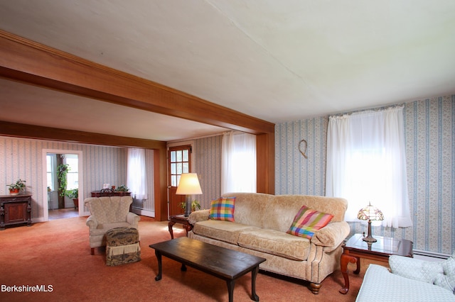 31 Oxbow Rd, Charlemont, MA 01339 - living area with wallpapered walls, beamed ceiling, light carpet, and baseboard heating