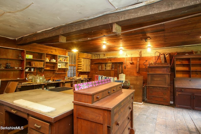 31 Oxbow Rd, Charlemont, MA 01339 - kitchen featuring light wood-style flooring, a kitchen island, butcher block counters, and wooden walls