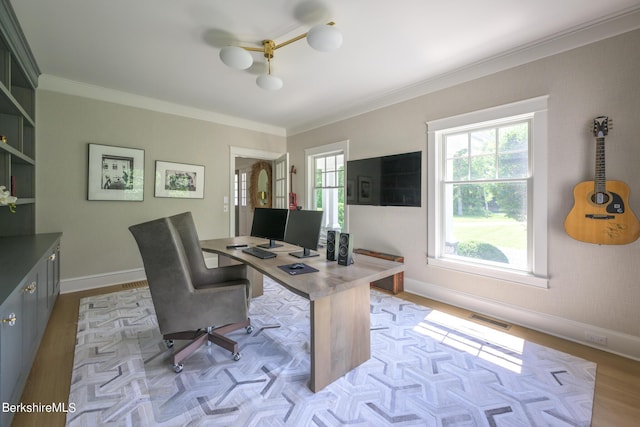 office space with light hardwood / wood-style floors and ornamental molding