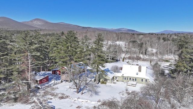 snowy aerial view featuring a mountain view