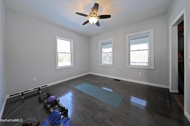 exercise room with dark wood-style floors, a wealth of natural light, and baseboards