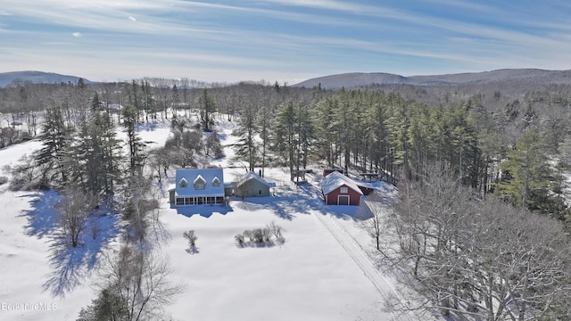 aerial view with a mountain view and a wooded view