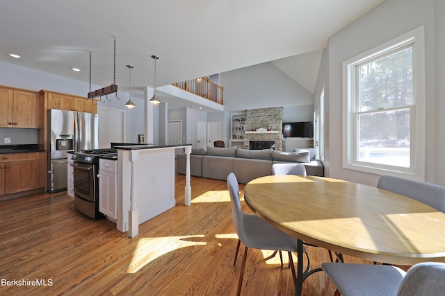 kitchen featuring dark countertops, wood finished floors, stainless steel appliances, a fireplace, and pendant lighting