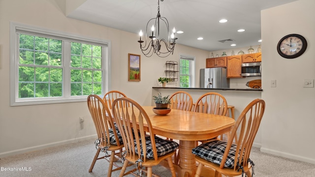 9074 Mountainside Dr, Hancock, MA 01237 - dining space with baseboards, a chandelier, recessed lighting, and carpet flooring