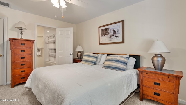 9074 Mountainside Dr, Hancock, MA 01237 - bedroom featuring light carpet, a ceiling fan, and ensuite bath