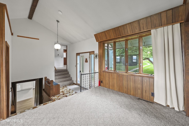 73 Narragansett Ave, Lanesborough, MA 01237 - carpeted spare room with stairway and wood walls