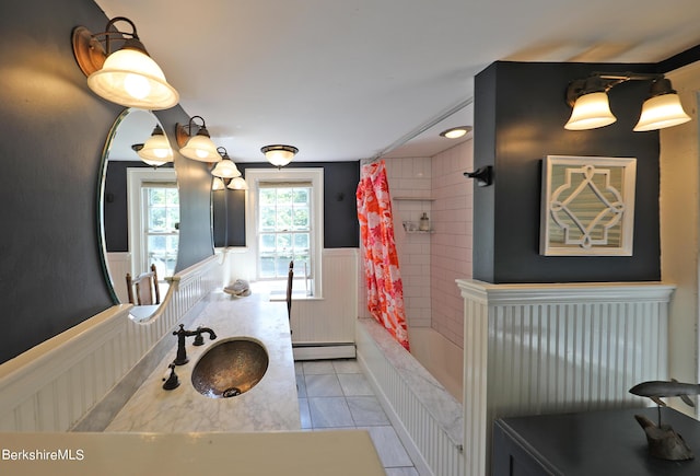 1 Train Hill Rd, Stockbridge, MA 01262 - bathroom featuring shower / bath combo with shower curtain, vanity, tile patterned floors, and a baseboard heating unit