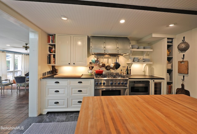 1 Train Hill Rd, Stockbridge, MA 01262 - kitchen with butcher block counters, ceiling fan, beverage cooler, high end stove, and extractor fan
