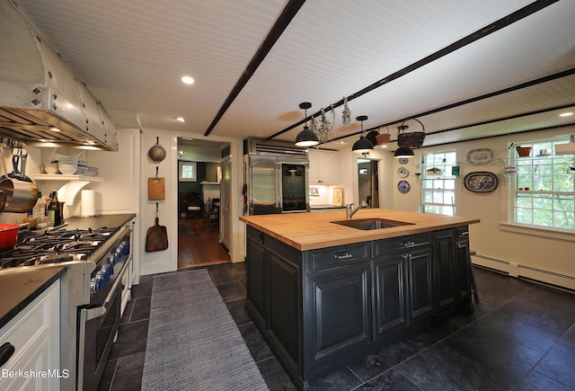 1 Train Hill Rd, Stockbridge, MA 01262 - kitchen featuring high end appliances, a center island with sink, sink, range hood, and butcher block countertops