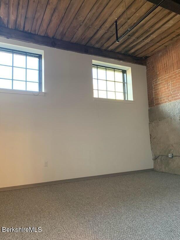 basement featuring carpet flooring and wood ceiling
