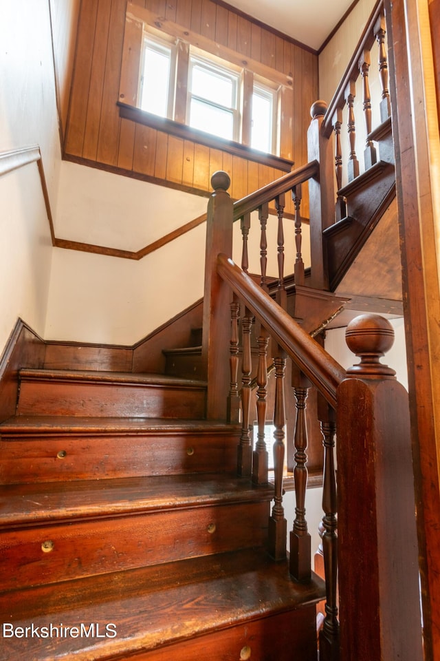 staircase with wood walls