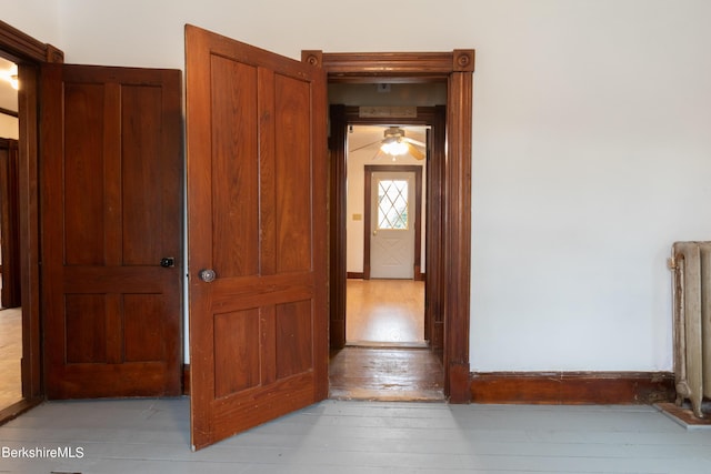 hallway with radiator heating unit and light hardwood / wood-style flooring