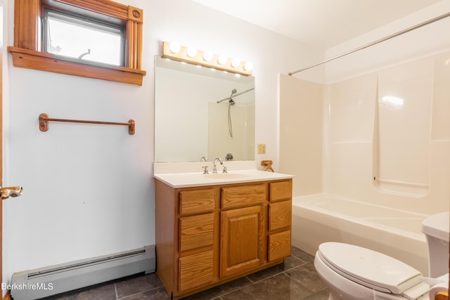 full bathroom featuring baseboard heating, vanity, tile patterned flooring, toilet, and shower / bathing tub combination