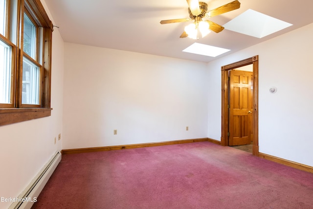 spare room with dark colored carpet, a skylight, baseboard heating, and ceiling fan