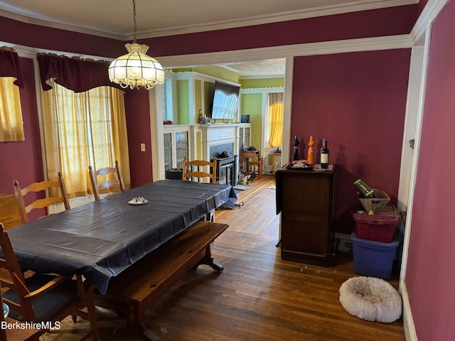 145 Bartlett Ave, Pittsfield, MA 01201 - dining space with hardwood / wood-style flooring, crown molding, and a fireplace