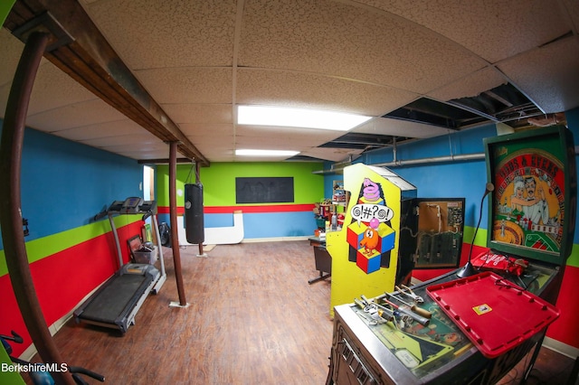 145 Bartlett Ave, Pittsfield, MA 01201 - playroom with a drop ceiling, baseboards, and wood finished floors