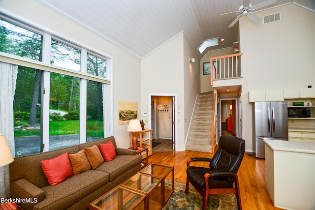 345 Big Bass Ln, Becket, MA 01223 - living room featuring stairway, high vaulted ceiling, a ceiling fan, and wood finished floors