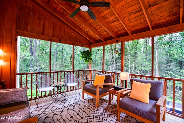345 Big Bass Ln, Becket, MA 01223 - sunroom featuring a ceiling fan and a view of trees