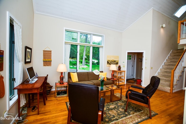 345 Big Bass Ln, Becket, MA 01223 - living room featuring wood finished floors, stairs, vaulted ceiling, an office area, and wooden ceiling