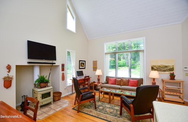345 Big Bass Ln, Becket, MA 01223 - living area featuring healthy amount of natural light, light wood-style floors, and high vaulted ceiling
