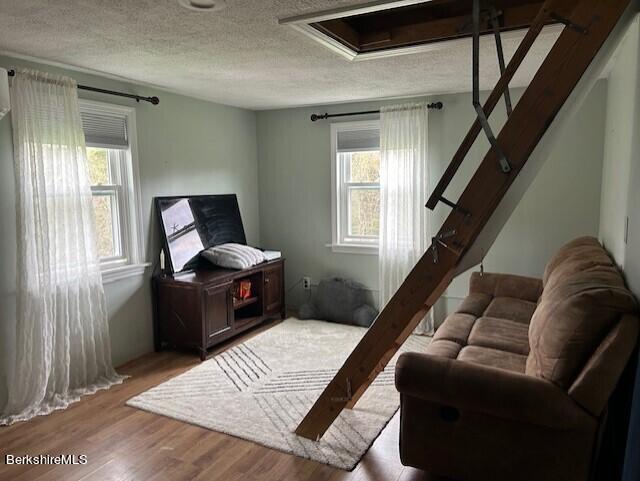 living room with a textured ceiling and light hardwood / wood-style floors