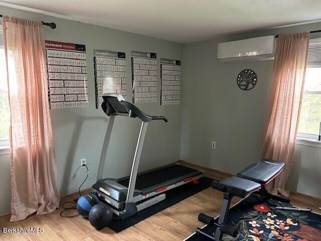 exercise area with hardwood / wood-style flooring and a wall mounted AC