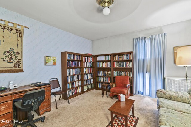 232 First St, Pittsfield, MA 01201 - office area featuring carpet floors, a ceiling fan, and wallpapered walls