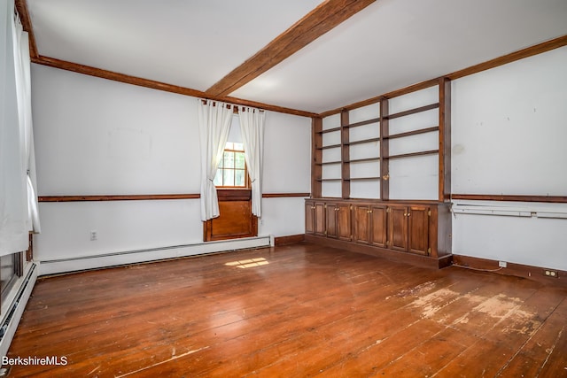 unfurnished room featuring beam ceiling, hardwood / wood-style floors, and a baseboard radiator