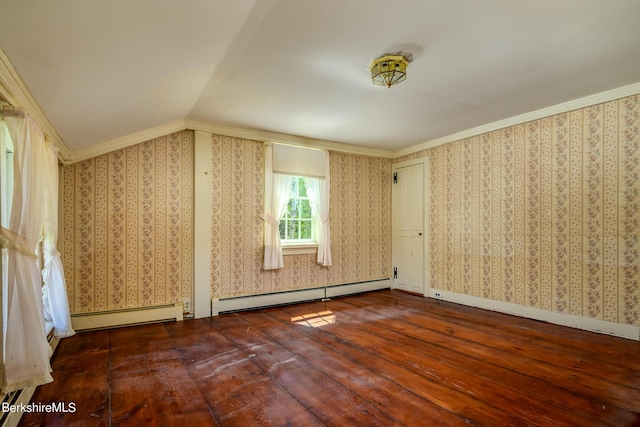 additional living space with dark hardwood / wood-style floors, vaulted ceiling, and baseboard heating