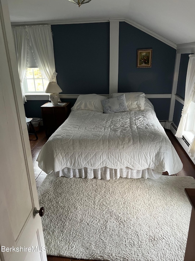 bedroom with lofted ceiling