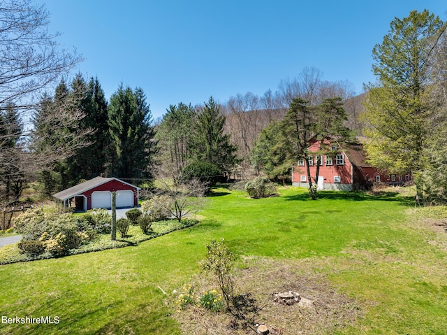 1151 Hancock Rd, Williamstown, MA 01267 - view of grassy yard with a detached garage, an outdoor structure, and a view of trees