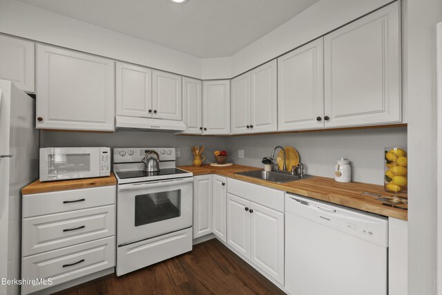 94 Corey Rd Unit D, Hancock, MA 01237 - kitchen with white appliances, a sink, butcher block countertops, white cabinetry, and dark wood-type flooring