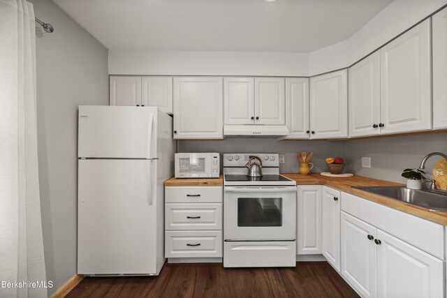 94 Corey Rd Unit D, Hancock, MA 01237 - kitchen featuring white appliances, under cabinet range hood, a sink, dark wood-type flooring, and white cabinets