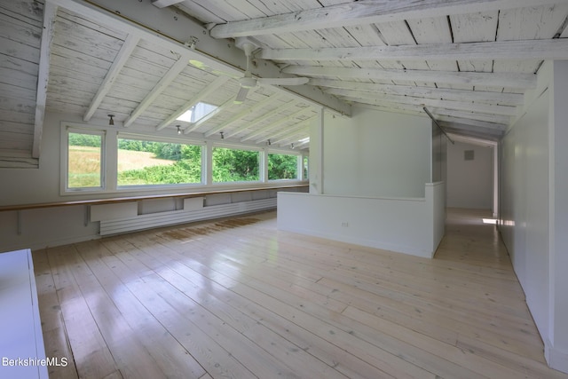 spare room featuring lofted ceiling with skylight, light hardwood / wood-style flooring, and wooden ceiling