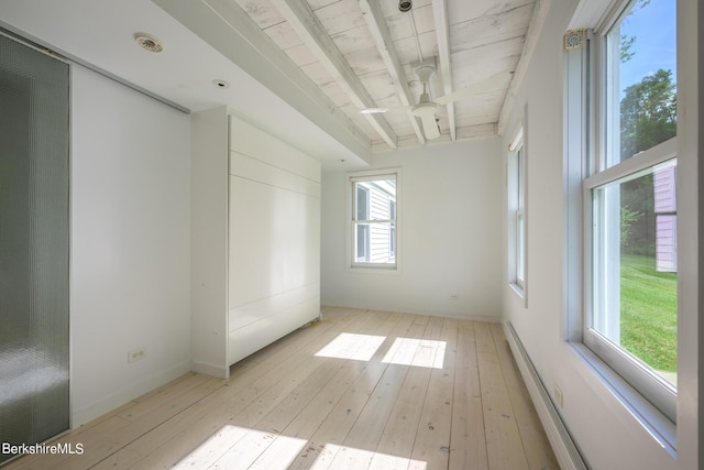 spare room with beam ceiling, ceiling fan, light hardwood / wood-style flooring, and wooden ceiling