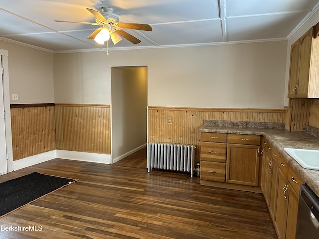 kitchen with radiator, sink, dark wood-type flooring, ceiling fan, and stainless steel dishwasher