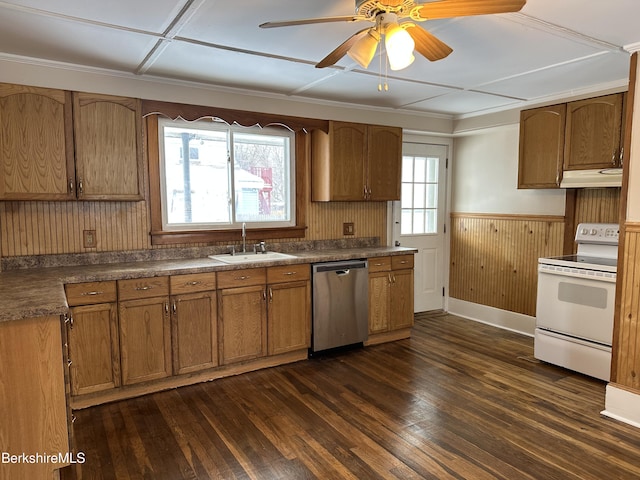 kitchen featuring white range with electric stovetop, dishwasher, sink, ceiling fan, and dark wood-type flooring