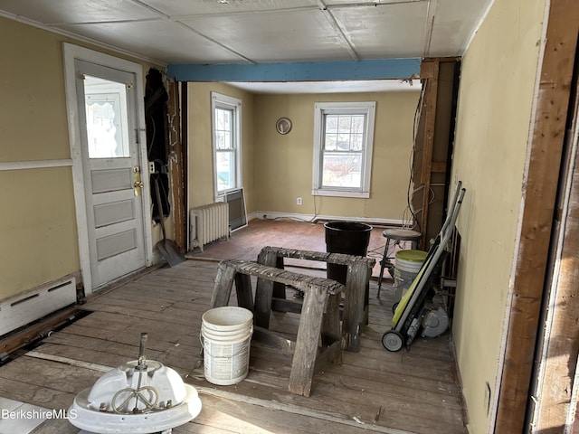 misc room with hardwood / wood-style floors, radiator heating unit, and baseboard heating