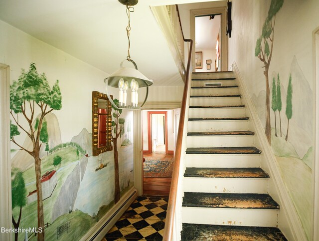3 Swamp Rd, West Stockbridge, MA 01266 - staircase with a chandelier and tile patterned floors