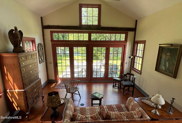 3 Swamp Rd, West Stockbridge, MA 01266 - living area featuring french doors, wood finished floors, high vaulted ceiling, and baseboards