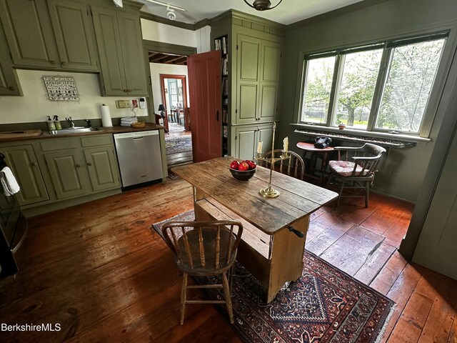 3 Swamp Rd, West Stockbridge, MA 01266 - kitchen with green cabinetry, stainless steel dishwasher, dark wood-style floors, and a sink