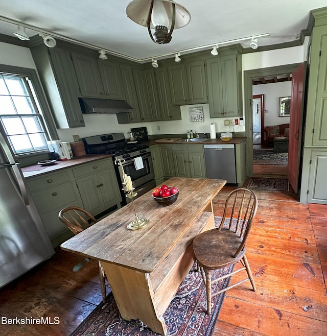 3 Swamp Rd, West Stockbridge, MA 01266 - kitchen featuring green cabinetry, appliances with stainless steel finishes, under cabinet range hood, light wood-style flooring, and a sink