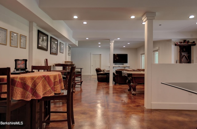 7 Perry Rd, Sandisfield, MA 01255 - dining space featuring ornate columns, finished concrete flooring, and recessed lighting