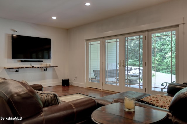 7 Perry Rd, Sandisfield, MA 01255 - living room featuring french doors, wood finished floors, and recessed lighting